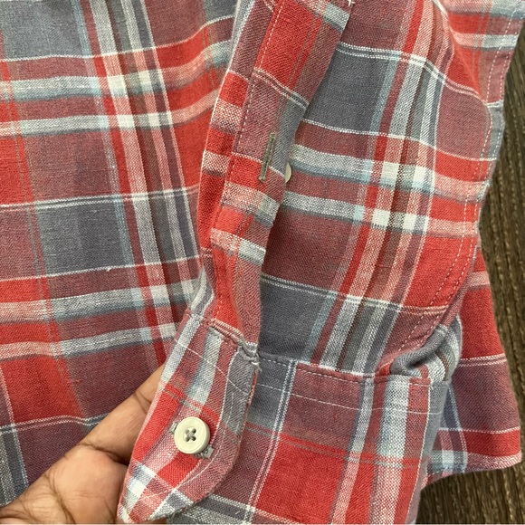 UnTuckIt 100% linen red plaid casual long sleeve button front shirt XL - Picture 3 of 8